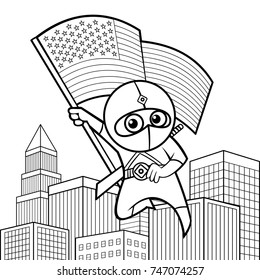 Superhero in the city Coloring page Vector illustration