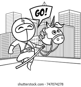 Superhero in the city Coloring page Vector illustration