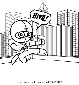 Superhero in the city Coloring page Vector illustration