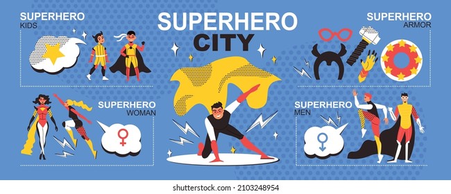 Superhero city infographics layout with flying adults and kids dressed in costumes armor and mantle flat vector illustration