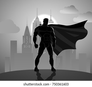 Superhero in City: Superhero watching over the city.