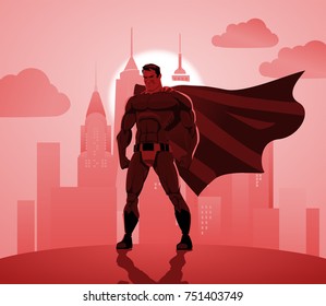 Superhero in City: Superhero watching over the city.