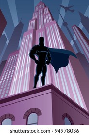 Superhero in City: Superhero watching over the city. No transparency used. Basic (linear) gradients. A4 proportions.