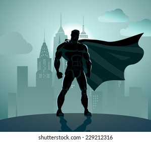 Superhero in City: Superhero watching over the city. Standing over industrial background.