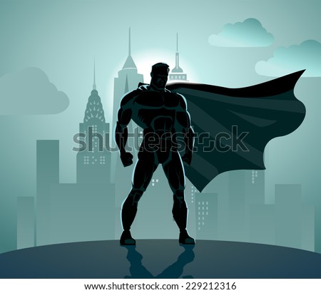 Superhero in City: Superhero watching over the city. Standing over industrial background.