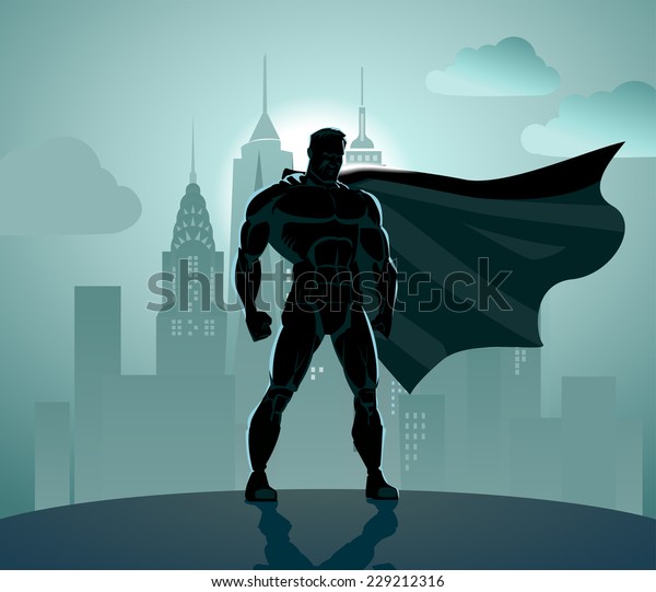 Superhero in City: Superhero watching over\
the city. Standing over industrial\
background.