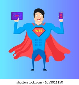 Superhero with cloak hanging in hands smartphone and tablet on blue-violet background