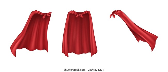 Superhero cloaks of red textile realistic vector illustration set. Hero clothing accessories 3d models bundle on transparent background