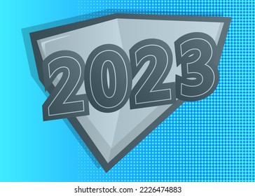 Escudo de armas de superhéroes que muestra el icono de Feliz Año Nuevo 2023. Colorida ilustración vectorial del estilo de la historieta.