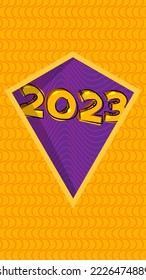 Superhero coat of arms showing Happy New Year 2023 icon. Colorful comic book style vector illustration.
