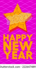 Superhero coat of arms showing Happy New Year 2023 icon. Colorful comic book style vector illustration.