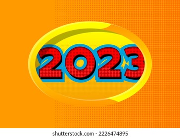 Superhero coat of arms showing Happy New Year 2023 icon. Colorful comic book style vector illustration.