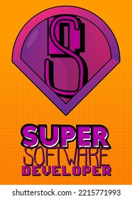Superhero coat of arms showing Software Developer icon. Colorful comic book style vector illustration.
