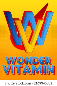 Superhero coat of arms showing Wonder Vitamin icon. Colorful comic book style vector illustration.