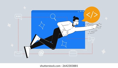 Superhero coder flying out browser window 2D illustration concept. Freelance programmer superpower. Front end web developer cartoon conceptual abstract vector art. Flat metaphor on grey background
