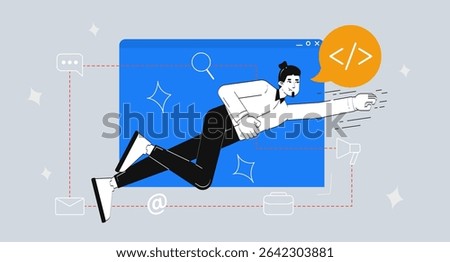 Superhero coder flying out browser window 2D illustration concept. Freelance programmer superpower. Front end web developer cartoon conceptual abstract vector art. Flat metaphor on grey background