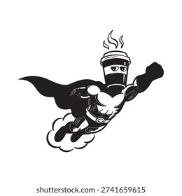 A superhero coffee cup flies through the air with a billowing cape