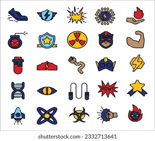 superhero color icons, mono vector symbols. Super Hero icon set. Super Hero Collection Elements Icons Set Vector Thin Line. Hero Superman Silhouette And Woman, Face Mask And Muscle Power Concept.