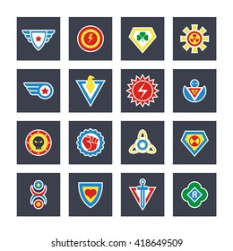 Bandas vectoriales de color de superhéroes, emblemas, logos. Icono de insignia de superhéroe, poder y protección de insignia para ilustración de superhéroe