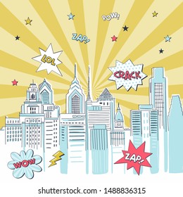 Superhero Comic Book City Vector Illustration. Vintage Super Hero Action Cartoon Banner Concept. Cityscape With Fight Bubbles, Sound Effects Lettering. Skyscrapers On Colorful Radial Background