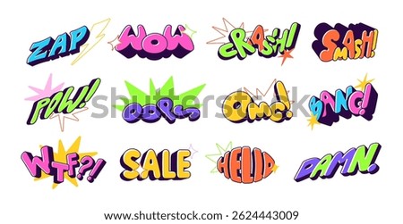 Superhero comic book sound effects set. Expressions in bubbles, explosions. Doodle symbols with funny words: Oops, WTF, WOW, OMG, ZAP, shouting messages. Flat isolated vector illustrations on white