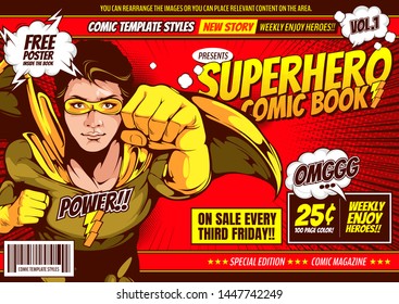 Superhero comic cover template background, flyer brochure speech bubbles, doodle art, Vector illustration, you can place relevant content on the area.