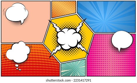 Antecedentes de afiches de historietas de superhéroes. plantilla de estilo de arte pop de semitono. Página de historietas para libros o revistas, diseño vectorial de banner con burbujas de habla