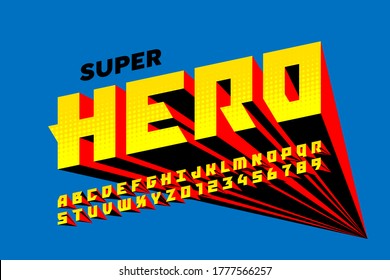 Superhero comics style font design, alphabet letters and numbers vector illustration