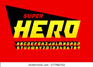 Superhero comics style font design, alphabet letters and numbers vector illustration