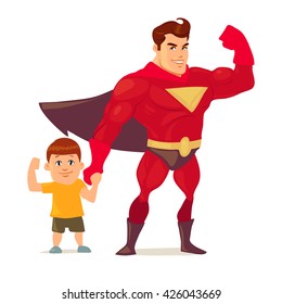 Superhero Concept, Father With Son, For Your Design Father's Day Greeting Card, Happy Cartoon Character, Family Power, Color Vector Illustration