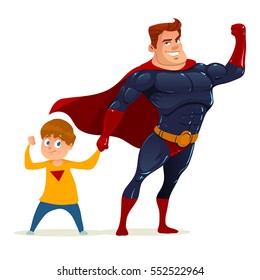 superhero concept, father with son, for your design Father's day greeting card, happy cartoon character, family power, color vector illustration