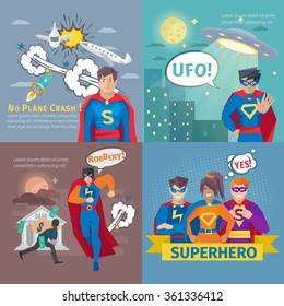 Superhero concept icons set with plane crash and robbery symbols flat isolated vector illustration 