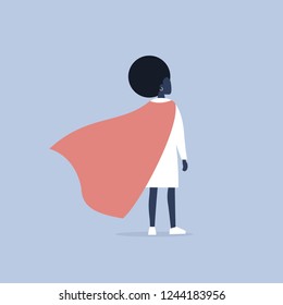 Superhero conceptual illustration. Young  black female character wearing a superhero cape / flat editable vector illustration, clip art