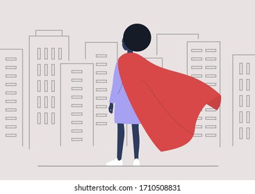 Superhero Conceptual Illustration, Young Black Female Character Wearing A Red Cape