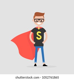 Superhero conceptual illustration. Young  character wearing a superhero cape / flat editable vector illustration, clip art
