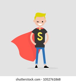 Superhero conceptual illustration. Young  character wearing a superhero cape / flat editable vector illustration, clip art
