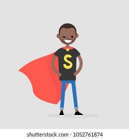 Superhero conceptual illustration. Young  character wearing a superhero cape / flat editable vector illustration, clip art
