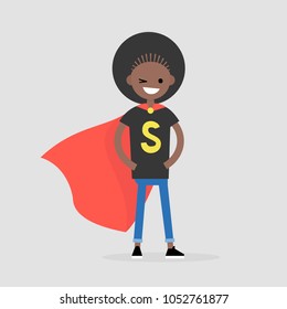 Superhero conceptual illustration. Young  character wearing a superhero cape / flat editable vector illustration, clip art
