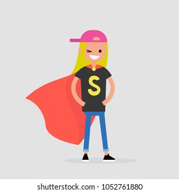 Superhero conceptual illustration. Young  character wearing a superhero cape / flat editable vector illustration, clip art
