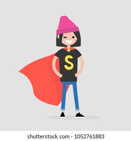 Superhero conceptual illustration. Young  character wearing a superhero cape / flat editable vector illustration, clip art
