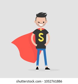 Superhero conceptual illustration. Young  character wearing a superhero cape / flat editable vector illustration, clip art
