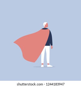 Superhero conceptual illustration. Young  character wearing a superhero cape / flat editable vector illustration, clip art