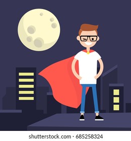 Superhero conceptual illustration. Young character wearing superhero cape / flat editable vector illustration, clip art