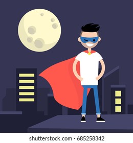 Superhero conceptual illustration. Young character wearing superhero cape and mask / flat editable vector illustration, clip art