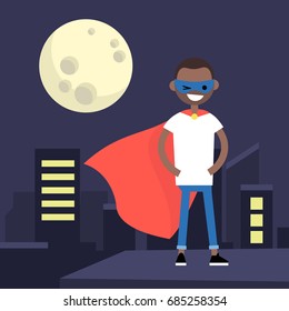 Superhero conceptual illustration. Young character wearing superhero cape and mask / flat editable vector illustration, clip art