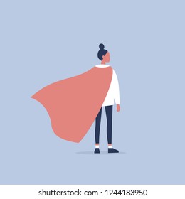 Superhero conceptual illustration. Young  female character wearing a superhero cape / flat editable vector illustration, clip art