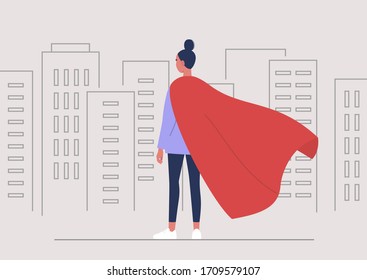 Superhero conceptual illustration, Young female character wearing a red cape