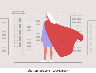 Superhero conceptual illustration, Young female character wearing a red cape