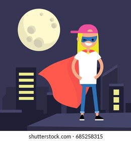 Superhero conceptual illustration. Young female character wearing superhero cape and mask / flat editable vector illustration, clip art