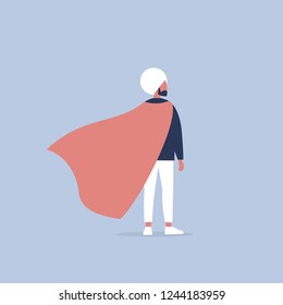 Superhero conceptual illustration. Young  indian character wearing a superhero cape / flat editable vector illustration, clip art